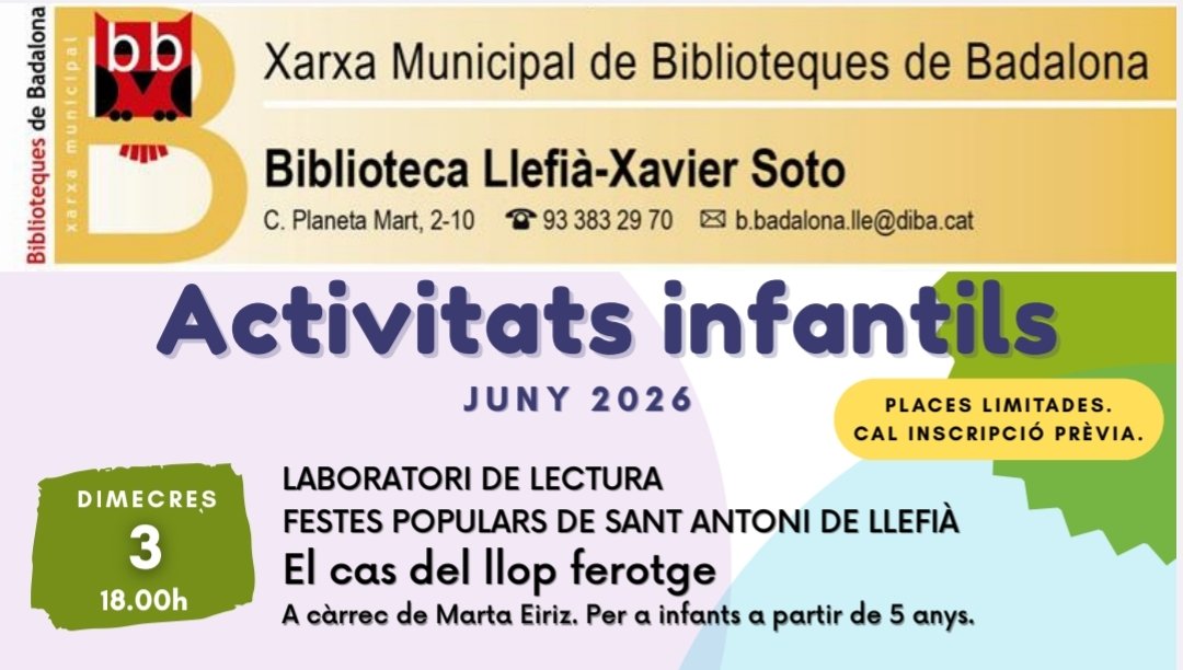 avstantoni's tweet photo. 📚 Pròxima activitat de les #FestesSantAntoni #Llefià!

Gaudim del conte El cas del llop ferotge🐺

📅 Dimecres 3 de juny
🕕 18h
📍 Biblioteca Xavier Soto de Llefià

Una tarda plena d’aventures,misteri i diversió per als més petits i les famílies!

Inscripció prèvia

T’esperem!💙 https://t.co/5QGmeA1i03