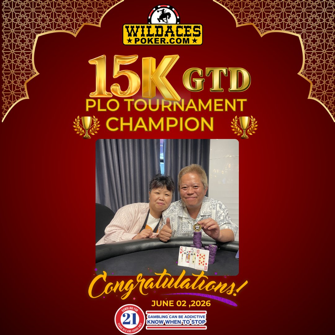 wildacespoker's tweet photo. 15K GTD PLO TOURNAMENT (32)
JUNE 02, 2026

🎉🎉🎉CONGRATULATIONS WINNERS!!! 

1st Place: MR. GOTO (JPN) - 1000pts

See you in the next Tournament!!! 

#WildAces #15kgtdpokertournament
#thebestpokerroominangelescity https://t.co/9Z32j7zFYN