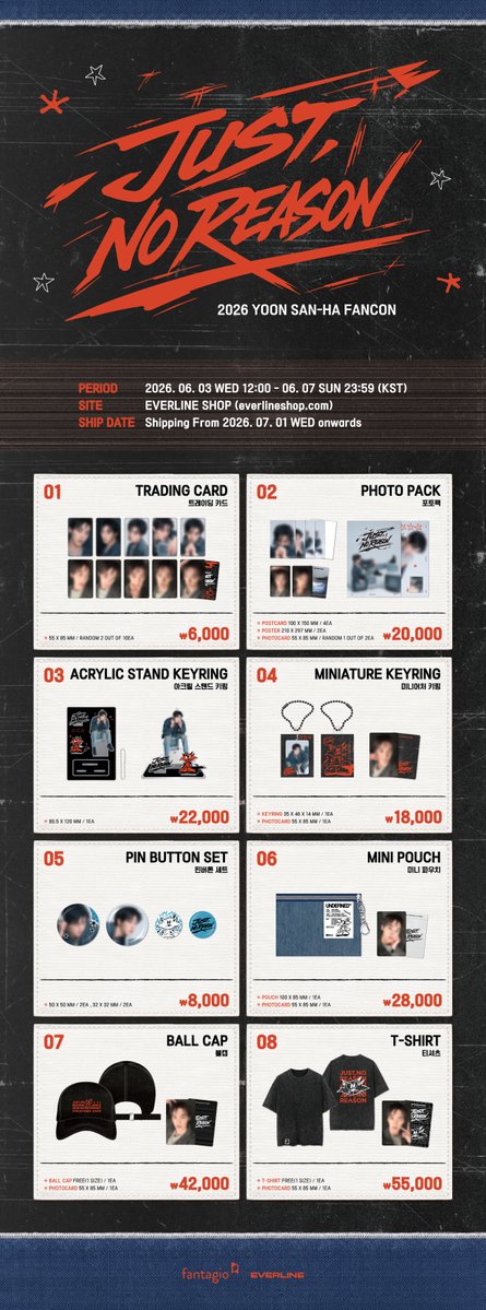 EVERLINESHOP's tweet photo. 📺윤산하 2026 FANCON [JUST, NO REASON] MD 
ONLINE SALES NOTICE📺

📅 2026.06.03(WED) 12:00 ~ 2026.06.07(SUN) 23:59 (KST)
🔗에버라인샵 (https://t.co/bRAYr9BXcq)

✨5만 원 이상 구매 시, 미공개 포토카드 1종 랜덤 증정
✨10만 원 이상 구매 시, 추첨을 통해 사인 폴라로이드 1매 증정

#YOONSANHA #윤산하
#YOONSANHA_FANCON #JUST_NO_REASON
#EVERLINE #에버라인