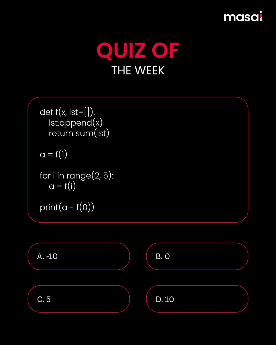 masaischool's tweet photo. Guess the output ๐
#python #coding #quizoftheweek https://t.co/DGYvi2mmGH