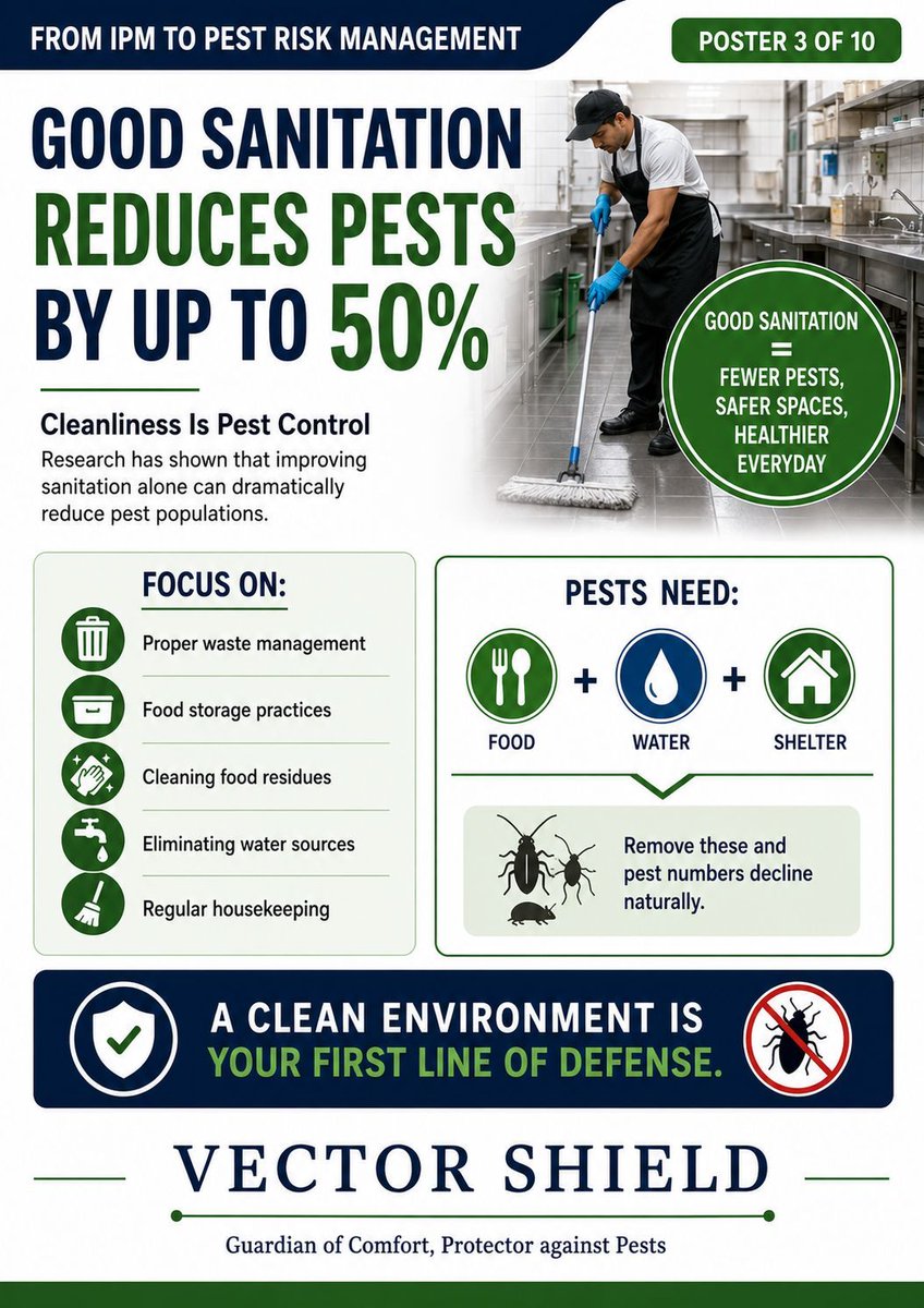 VectorShieldPC's tweet photo. Good Sanitation Reduces Pests by Up to 50%
Cleanliness isn’t just about appearance ,  it’s one of the most powerful forms of pest control.
Research shows that improving sanitation alone can dramatically cut pest populations by removing what pests need most: Food, Water, and Shel. https://t.co/Wdm9dxkY2b