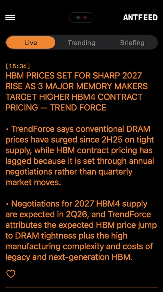 antfeedapp's tweet photo. BREAKING: HBM prices set for sharp 2027 rise as three major memory makers target higher HBM4 contract pricing — TrendForce

TrendForce says conventional DRAM prices have already surged on tight supply, while HBM contract prices have lagged because they are negotiated annually. 

With 2027 HBM4 talks expected in 2Q26, the next leg of the memory rally may come from HBM pricing catching up to DRAM tightness.

#HBM #HBM4 #DRAM #MemoryChips #AIChips #Samsung #SamsungElectronics #SKHynix #Micron #NVIDIA #TSMC #KoreaSemis #Semiconductors #Kospi #Kosdaq $KORU $DRAM $EWY