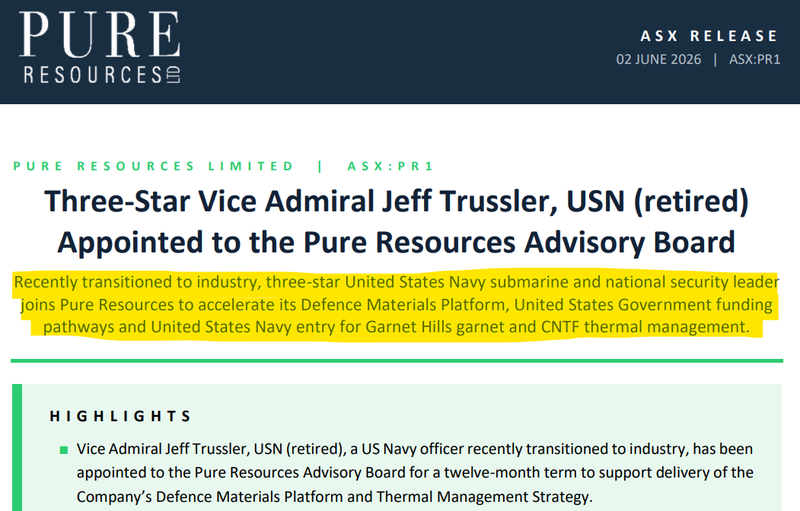 NextInvestors's tweet photo. Our US defence materials Investment @ASXPR1 #PR1 just appointed a retired three-star US Navy Vice Admiral to its Advisory Board.

#PR1 added Vice Admiral Jeff Trussler, USN (retired) to its team.

Trussler's most recent role was Deputy Chief of Naval Operations for Information Warfare and Director of Naval Intelligence (2020-2023).

So he has operated at the most senior levels of the US military and intelligence.

Read more: https://t.co/6jvsMH4ueq

Disc: 3,100,000 PR1 Shares Held