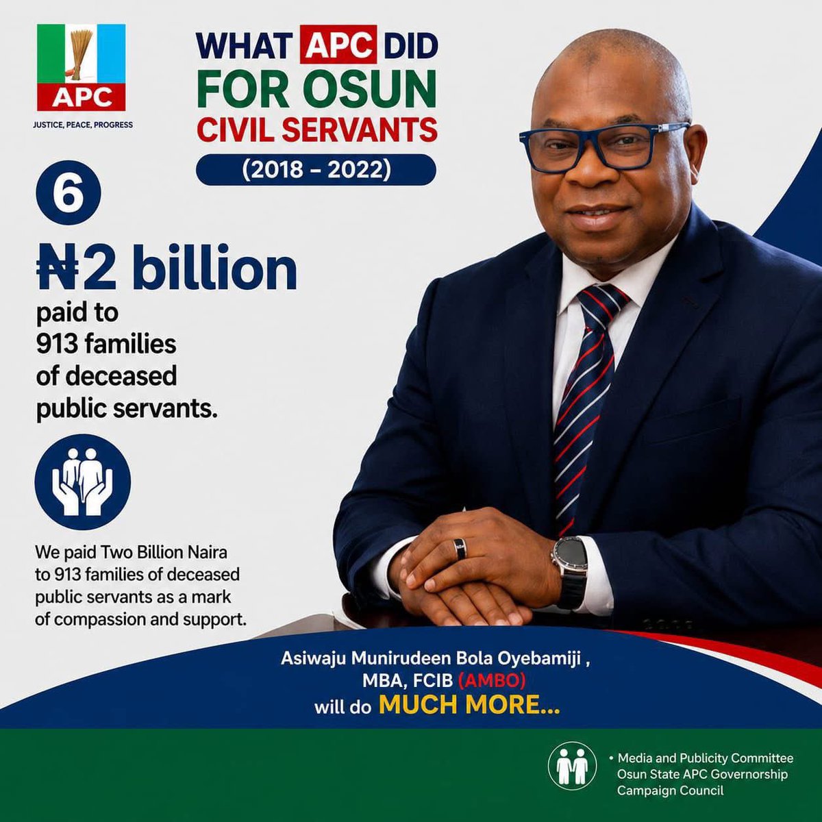 RealFikayomi66's tweet photo. What exactly did the APC do for civil servants in Osun between 2018 and 2022? Here are the facts! With a proven record of service, Asiwaju Munirudeen Bola Oyebamiji will do even more for workers and pensioners in Osun State. 

Ere To! 
Ise ya!!
#Ambo2026 https://t.co/kuPVtxbLmT