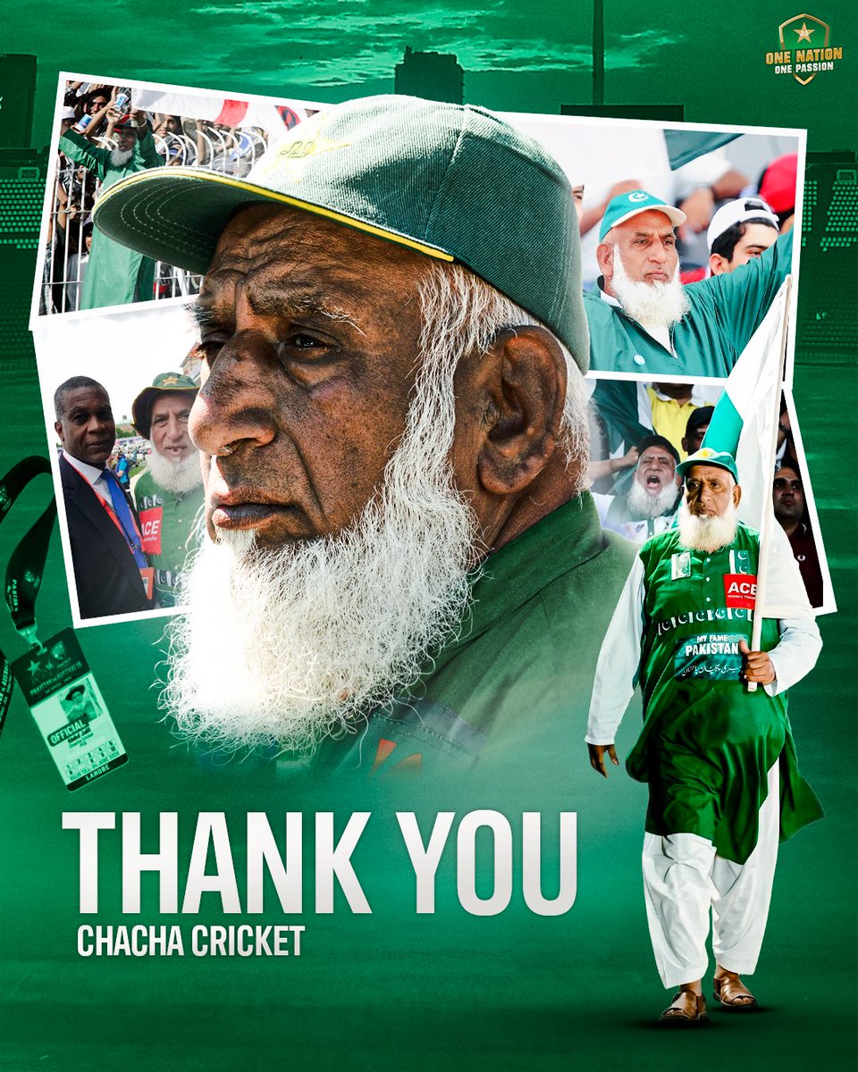 TheRealPCB's tweet photo. More than a fan, a symbol of unwavering support for Pakistan cricket 🇵🇰💚

Thank you, Chacha Cricket, for a lifetime of passion, memories and loyalty 👏

#ThankYouChachaCricket https://t.co/sXJLyPNOdl