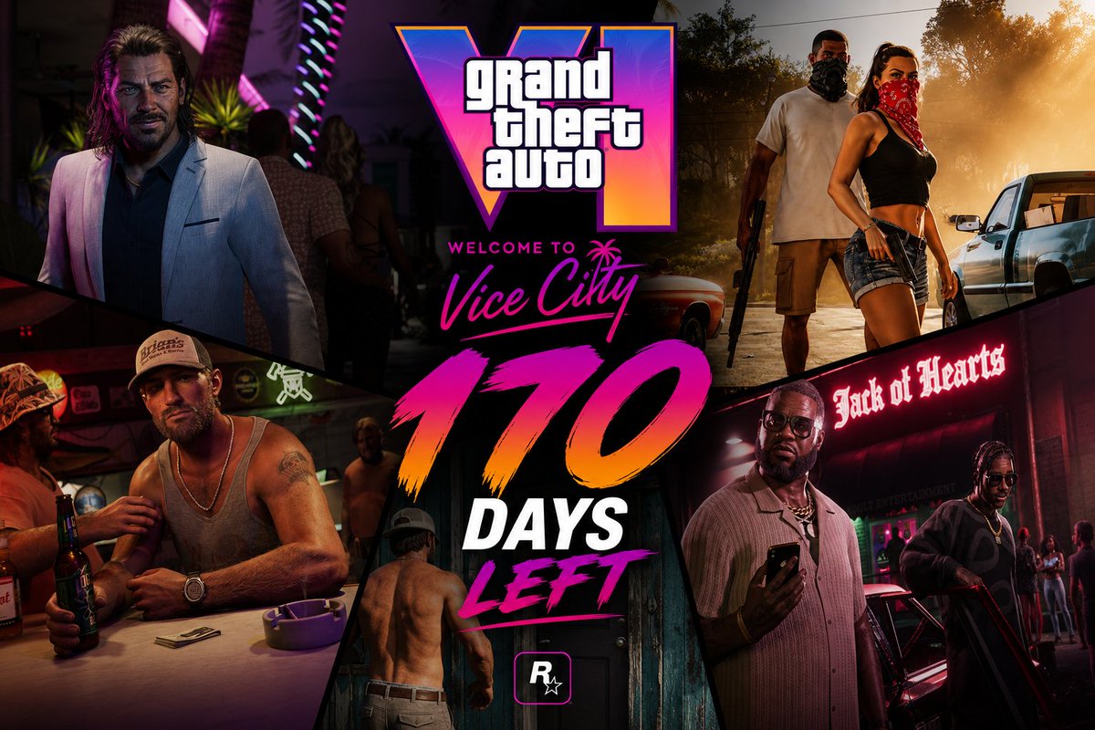 TechAlertNow's tweet photo. 170 Days left until GTA 6 👀🔥

After years of waiting, leaks, theories and endless hype… Vice City is finally getting close 🎮🌴

#GTAVI #GTA6 #ROCKSTARGAMES https://t.co/hpoOdWqMY6