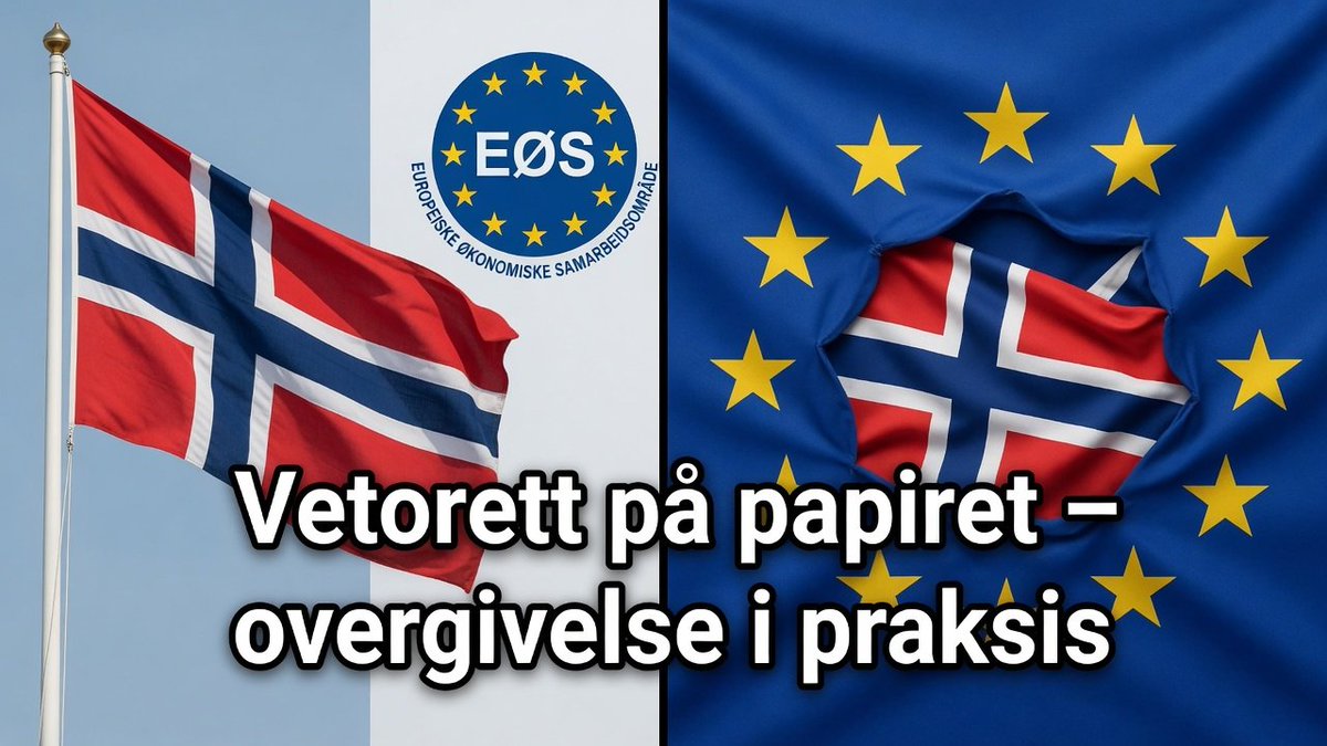BusbyB1984's tweet photo. Norge har en formell vetorett i EØS-avtalen (artikkel 102).

Likevel har ingen regjering noen gang brukt den permanent siden 1994. Det nærmeste var postdirektivet i 2011, som ble trukket tilbake før EU rakk å reagere.

I praksis er vetoretten en papirtiger. Politikerne er så redde for sanksjoner at de heller gir fra seg suverenitet bit for bit.

Dette er Den stille systemsvikten.