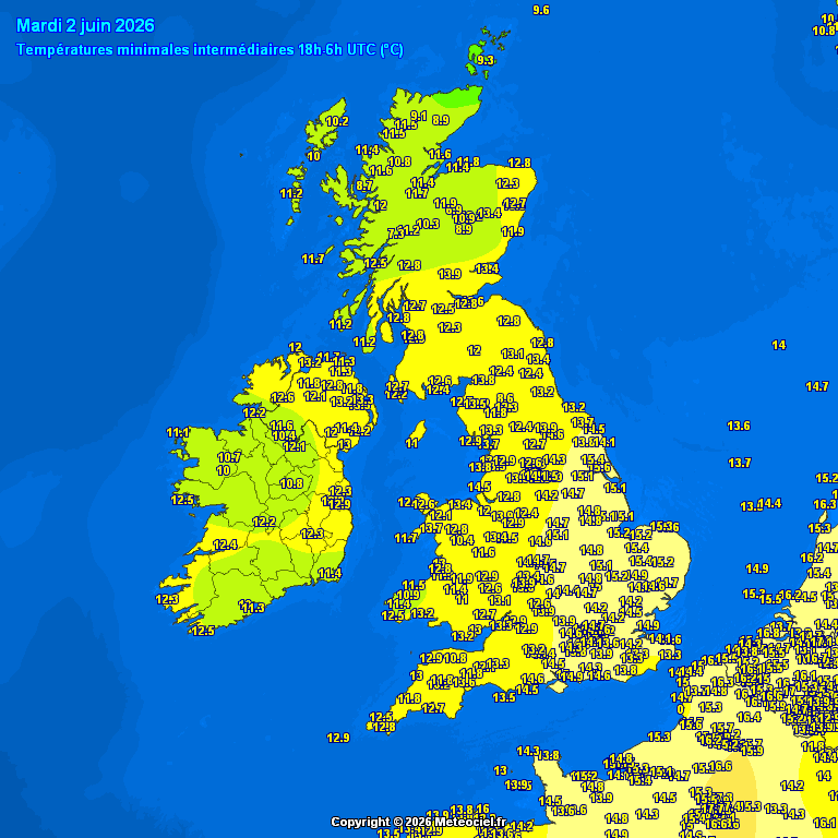 UK minimum temperatures recorded last night