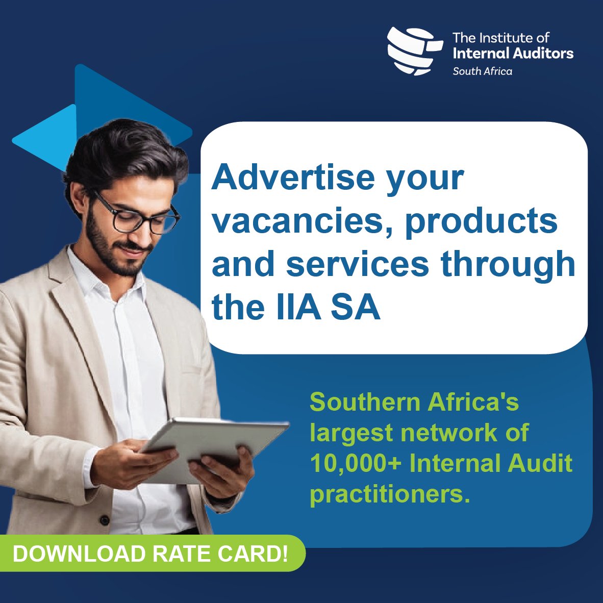 IIASOUTHAFRICA's tweet photo. Advertise Your Vacancies, Products & Services

Reach Southern Africa’s largest network of 10,000+ Internal Audit practitioners.

Promote your vacancies, showcase your products, and highlight your services through IIA SA’s trusted platforms.

Don’t miss the opportunity to connect with a highly engaged, specialist audience.

🔗 View & download the Advertising Rate Card:
https://t.co/TBaAcFnv8B

#IIASA #InternalAuditJobs #AuditSolutions #ProfessionalNetwork #AdvertiseWithUs