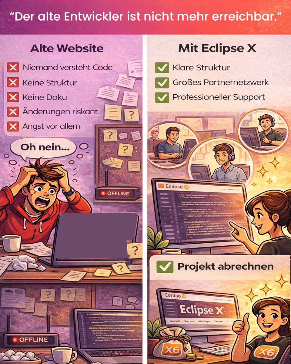 contaothemes's tweet photo. 😱 Alter Entwickler weg – Website offline?

Mit Eclipse X für #contao kein Problem mehr:
✅ Klare Struktur
✅ Partnernetzwerk
✅ Support

👉 Kostenlos testen: https://t.co/OZaUtbcuVf

#contao_themes #contaothemes https://t.co/JwSjqC8uP7