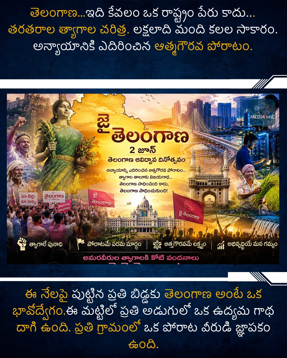 MediaMicOff's tweet photo. తెలంగాణ...

ఇది కేవలం ఒక రాష్ట్రం పేరు కాదు...
తరతరాల త్యాగాల చరిత్ర.
లక్షలాది మంది కలల సాకారం.
అన్యాయానికి ఎదిరించిన ఆత్మగౌరవ పోరాటం.
ఈ నేలపై పుట్టిన ప్రతి బిడ్డకు తెలంగాణ అంటే ఒక భావోద్వేగం.
ఈ మట్టిలో ప్రతి అడుగులో ఒక ఉద్యమ గాథ దాగి ఉంది.
ప్రతి గ్రామంలో ఒక పోరాట వీరుడి జ్ఞాపకం ఉంది.
1969లో విద్యార్థుల గొంతుకగా మొదలైన ఆవేదన...
దశాబ్దాల పాటు ప్రజల ఆకాంక్షగా మారింది.
ఉద్యోగాల కోసం, నీళ్ల కోసం, నిధుల కోసం, ఆత్మగౌరవం కోసం
తెలంగాణ సమాజం నిరంతరం పోరాడింది.
విద్యార్థులు వీధుల్లోకి వచ్చారు.
ఉద్యోగులు సమ్మెలు చేశారు.
రైతులు తమ బాధను ఉద్యమంగా మార్చారు.
కళాకారులు పాటలతో ప్రజల్లో చైతన్యం నింపారు.

ఎన్నో కన్నీళ్లు...
ఎన్నో త్యాగాలు...
ఎన్నో ఆశలు...
వీటన్నింటి ఫలితంగానే
2014 జూన్ 2న తెలంగాణ రాష్ట్రం అవతరించింది.
అది ఒక రాజకీయ విజయం మాత్రమే కాదు...
ప్రజాస్వామ్యంలో ప్రజల సంకల్పం గెలిచిన రోజు.
ఒక ప్రాంత ఆత్మగౌరవం నిలిచిన రోజు.
తెలంగాణ తల్లి చిరునవ్వు చిందించిన రోజు.

నేడు తెలంగాణ దేశంలోనే వేగంగా అభివృద్ధి చెందుతున్న రాష్ట్రాల్లో ఒకటిగా నిలుస్తోంది.
వ్యవసాయం నుంచి ఐటీ వరకు,
గ్రామీణ అభివృద్ధి నుంచి ప్రపంచ స్థాయి పెట్టుబడుల వరకు
ప్రతి రంగంలో తనదైన ముద్ర వేస్తోంది.
ఈ ఆవిర్భావ దినోత్సవం సందర్భంగా
తెలంగాణ కోసం ప్రాణాలు అర్పించిన అమరవీరులందరికీ శతకోటి వందనాలు.
వారి త్యాగాలే మన భవిష్యత్తుకు పునాది.
వారి కలలే మన అభివృద్ధికి మార్గదర్శకం.
జై తెలంగాణ!
జై జై తెలంగాణ!

#TelanganaFormationDay