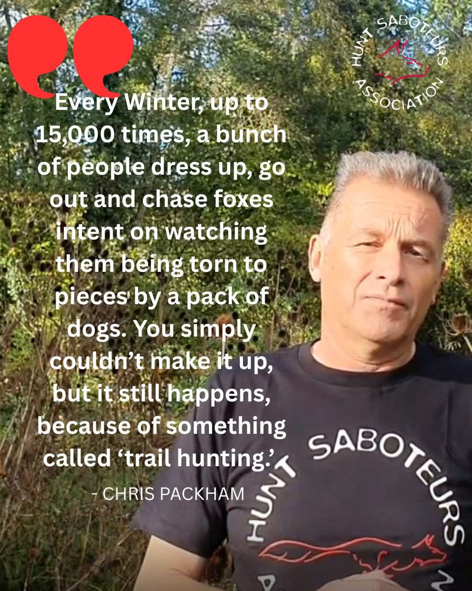 HuntSabs's tweet photo. For over 20 years hunts have exploited loopholes within the Hunting Act and continue terrorising our wildlife. By their own admission 'trail hunting' has only ever been a smokescreen and now we have a chance to end it. 

Speaking in a recent video by the League Against Cruel Sports, Chris Packham speaks about how 'trail hunting' has enabled hunts to continue hunting as though the Hunting Act never happened and how it is "symbolic of the way that we fail to respect the other life on our planet, our precious wildlife."

The government consultation into banning 'trail hunting' closes on the 18th of June. This is a once in a generation opportunity to end hunting and your voice is vital 👉 https://t.co/LU5aw2G5YF