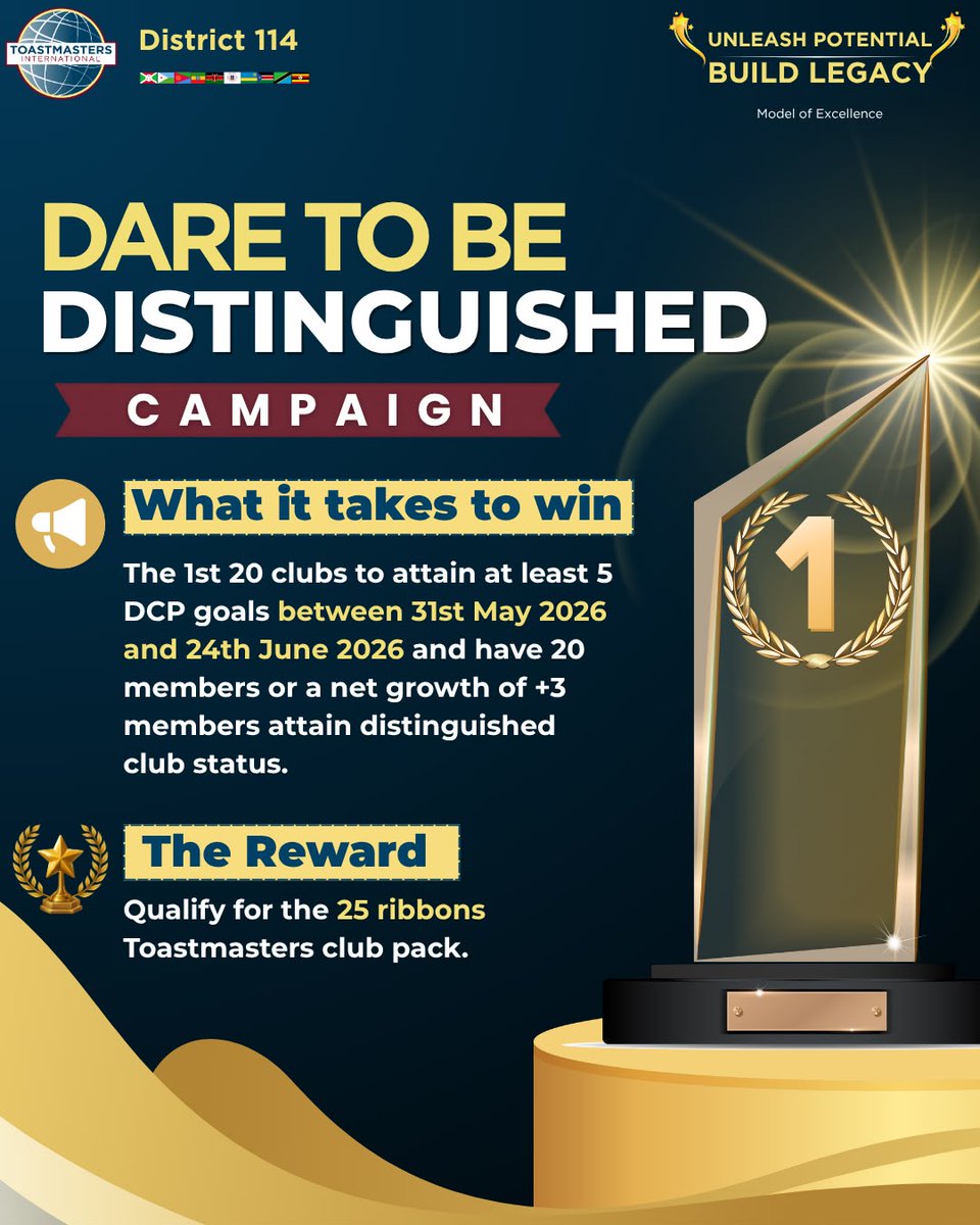 ToastmastersEA's tweet photo. 🏆 *DARE TO BE DISTINGUISHED?!*🏆

🔊*The race is ON!*🔊

🔥The *first 20 clubs* to achieve *at least 5 DCP goals between 31 May and 24 June 2026*, while maintaining 20 members or achieving a net growth of +3, will *earn Distinguished Club Status and qualify for a 25 ribbon. https://t.co/tMrUx26r89