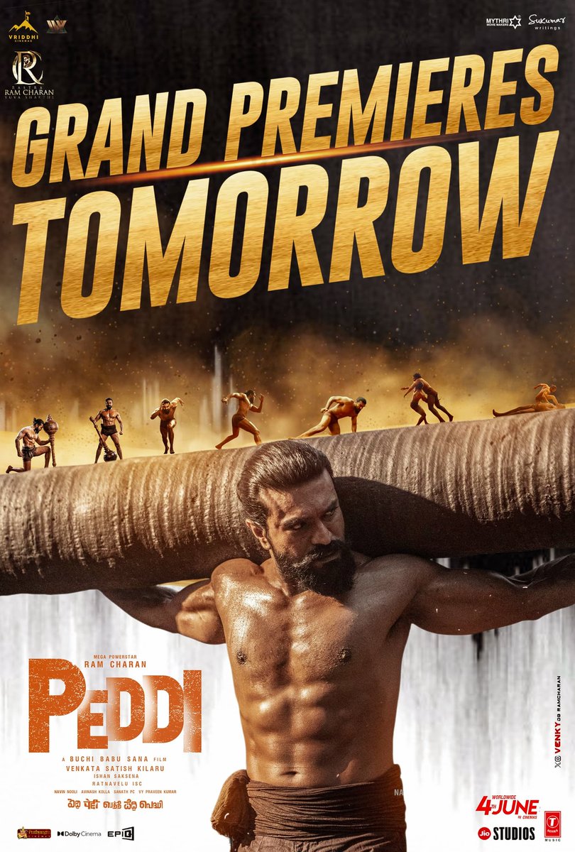 RCYChennai's tweet photo. The wait ends tomorrow. ❤️‍🔥

#PEDDI Grand Premieres begin worldwide tomorrow and the celebrations are all set to reach another level. 💥

#RamCharan #GetReadyForPeddi 🔥❤️ https://t.co/otaUkYGffu