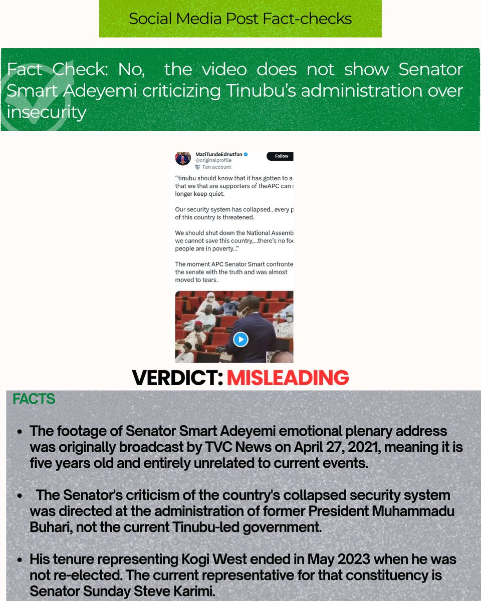 NVAFactchecks's tweet photo. The claim that Senator Smart Adeyemi has challenged the Tinubu-led government and the Nigerian senate over the rising state of insecurity is MISLEADING. 

#Nigeria #insecurity #legislature #smartadeyemi #misinformation #federalgovernment https://t.co/a5vNl5MKVJ