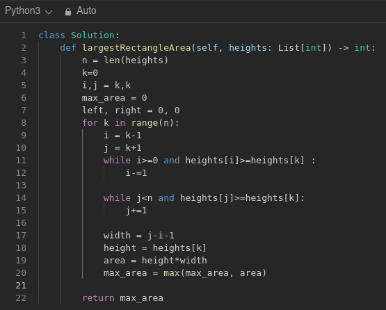 tejasmcodes's tweet photo. Brute-force approach to solve LeetCode problem:
84 - Largest Rectangle in Histogram
But the time limit exceed during execution, the length of the input was [1]*30k.

working on stack based approach, will post sooner! https://t.co/KQB3DUWUfN
