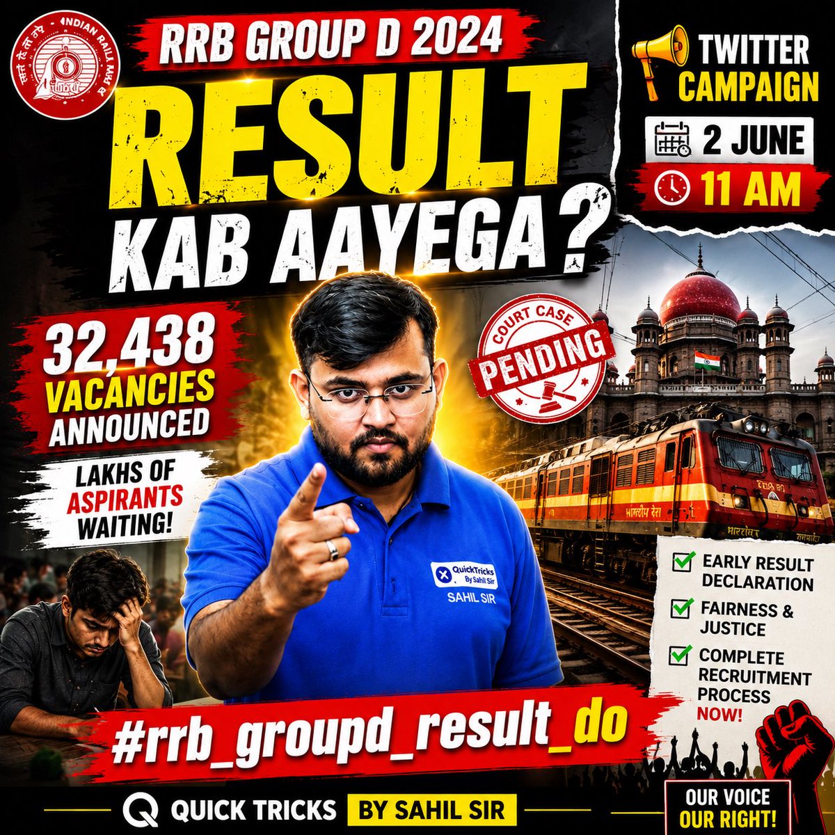 13yar_jaat's tweet photo. Kab tak rukega RRB Group D Result?

Lakhs of aspirants ka future hold par hai.
Age ja rahi hai, opportunities ja rahi hain, lekin result nahi aa raha!

Students deserve answers. Students deserve justice.

#rrb_groupd_result_do
#JusticeForGroupDStudents
#TelanganaHighCourt https://t.co/rKNK33OZgQ