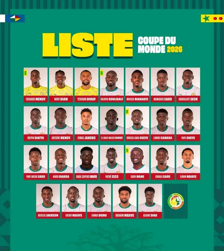diagraff's tweet photo. 📋 Voici les 26 Lions retenus par le sélectionneur national Pape Thiaw pour représenter le #Sénégal à la Coupe du Monde 2026. https://t.co/jvRbRBgky1