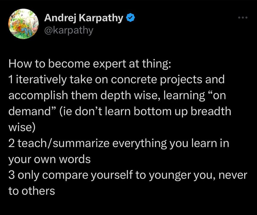 aaditsh's tweet photo. Andrej Karpathy shares a 3-step blueprint on how to master anything https://t.co/uGtc4bRmg8