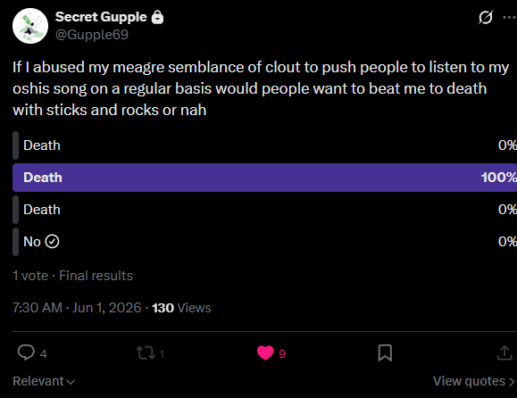 Lamaredia's tweet photo. @Gupple69 This is quite funny, because it's showing my vote on a 0% option lmao https://t.co/XTVuqJTnWC