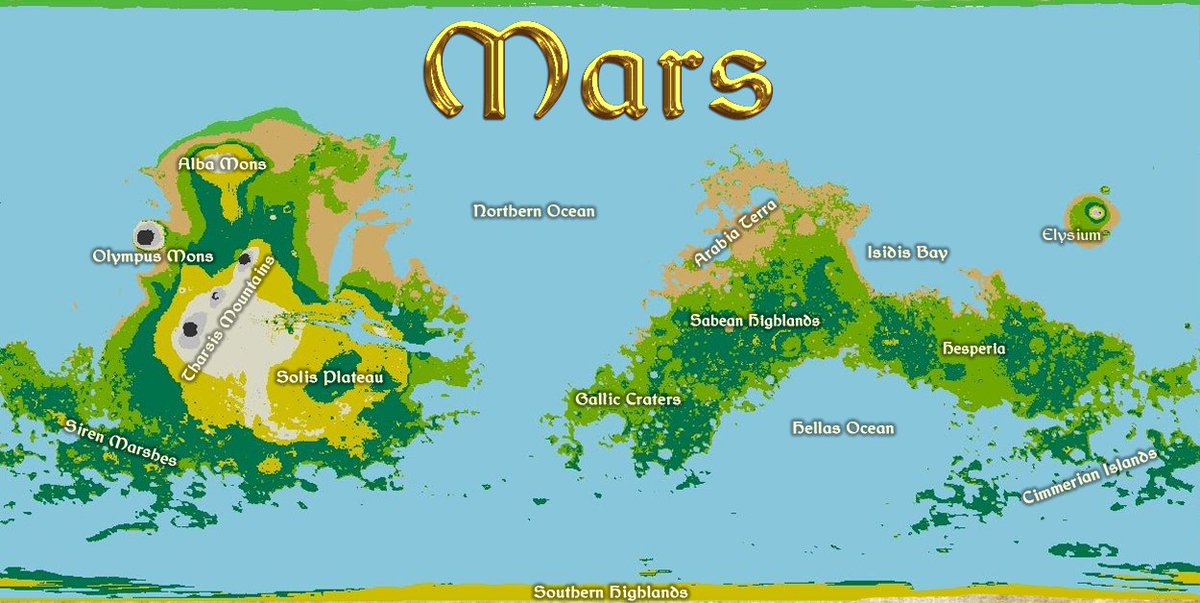 vintagemapstore's tweet photo. Mars world map if its surface area was covered by 70% water. Place names are based on existing names. 

Credit to A.R. Battarai for the original map. https://t.co/6sL46o4FIw