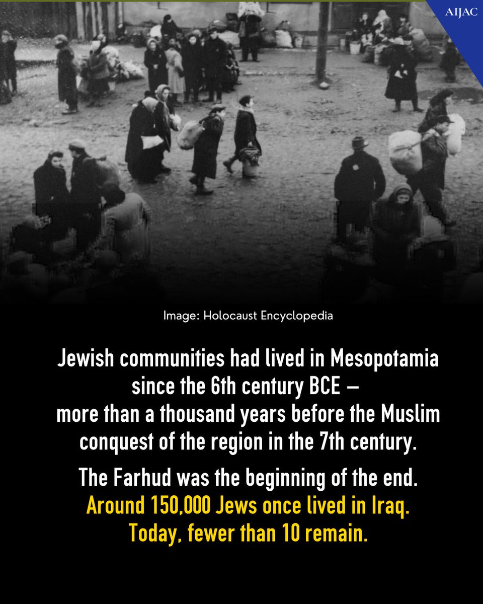 AIJAC_Update's tweet photo. 85 years ago, on June 1–2, 1941, pro-Nazi Iraqi rioters carried out a devastating pogrom against the Jews of Baghdad.

The Farhud marked the beginning of the end for one of the world’s oldest Jewish communities.

Today, we remember the victims. https://t.co/v0lMuPBMhh