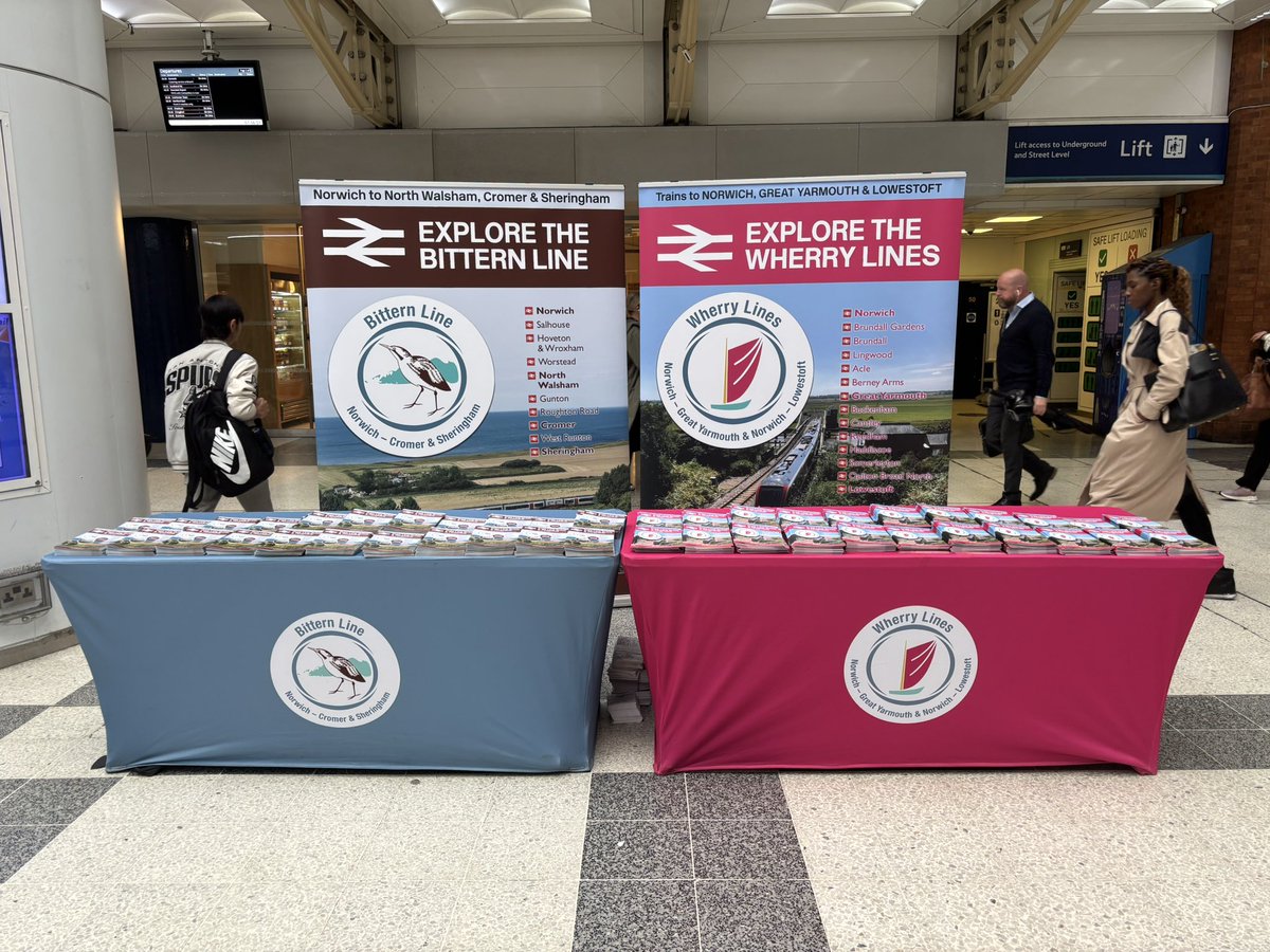 BitternLine's tweet photo. Along with @WherryLines we are here at the nations busiest railway station, @NetworkRailLST to launch our new line guides &amp; timetable as part of #CommunityRailWeek - if you are passing do say hello! https://t.co/sekrUWMJeW