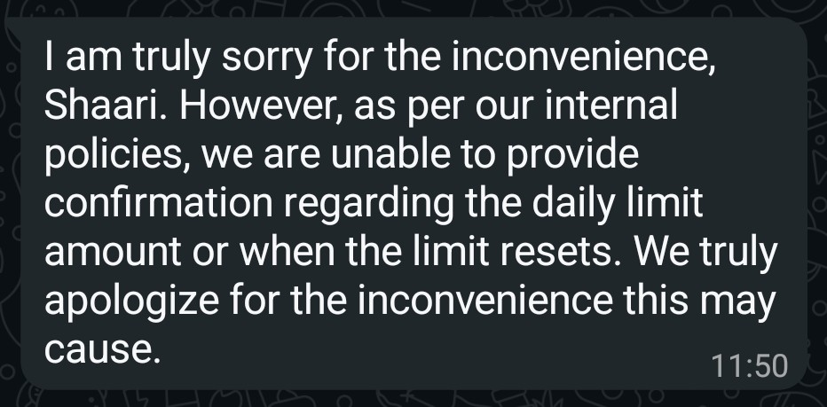 shaari's tweet photo. Highly doubt if the limit resets at all. I haven't been able to make any payment of any amount at any time lately. We have no choice but to buy USD at MVR20.30 for all online transactions. #AharengeBank https://t.co/GYrmfwOlZr