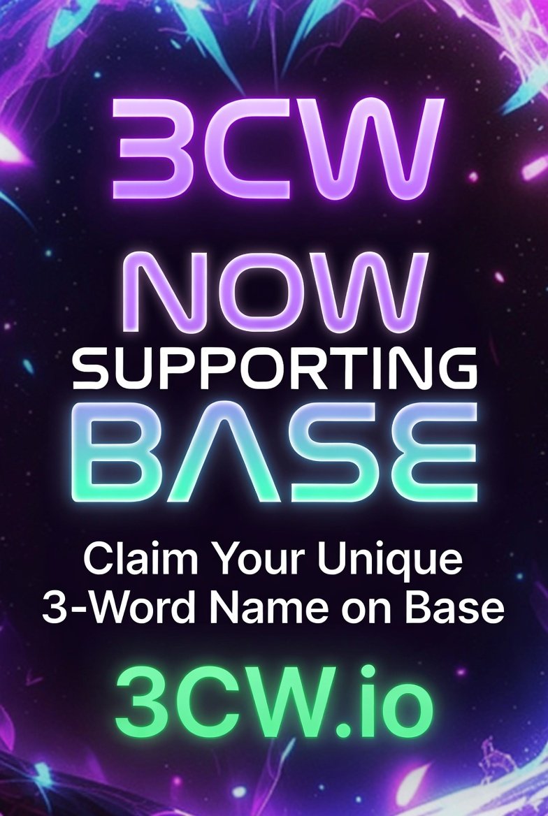 3cryptoword's tweet photo. 🚀 https://t.co/t3LUkpt5Dm NOW OFFICIALLY SUPPORTS BASE!

Base Fam, you can now claim super cool and truly unique 3-word names directly on Base!

No more long wallet addresses — own a clean, premium, and memorable identity on one of the fastest growing Layer 2 chains.

Want an exclusive name for your main Base address?

Drop a comment or claim it now 👇 https://t.co/NxKctpbAoy
@BuildOnBase @base

#3CW #Base #BaseChain #Web3 #Crypto #DigitalIdentity