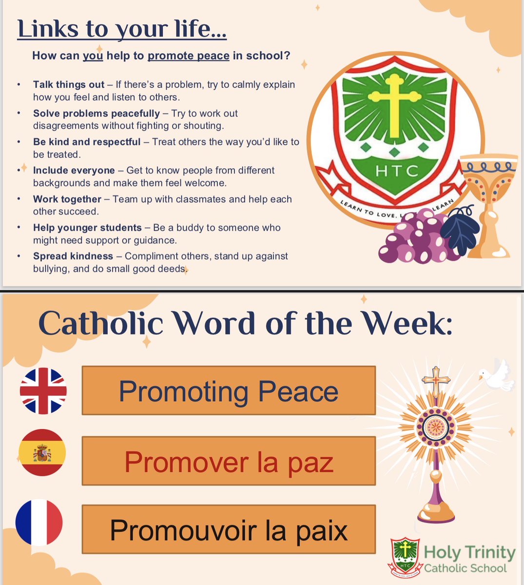 HolyTrinityCol's tweet photo. 🕊️ Catholic Words of the Week: Promoting Peace

Peace begins with each of us. This week, choose kindness, offer forgiveness, and be a witness to Christ's love in the world.

#CatholicWordOfTheWeek #PromotingPeace #BeAPeacemaker https://t.co/uPiVGlz5HC