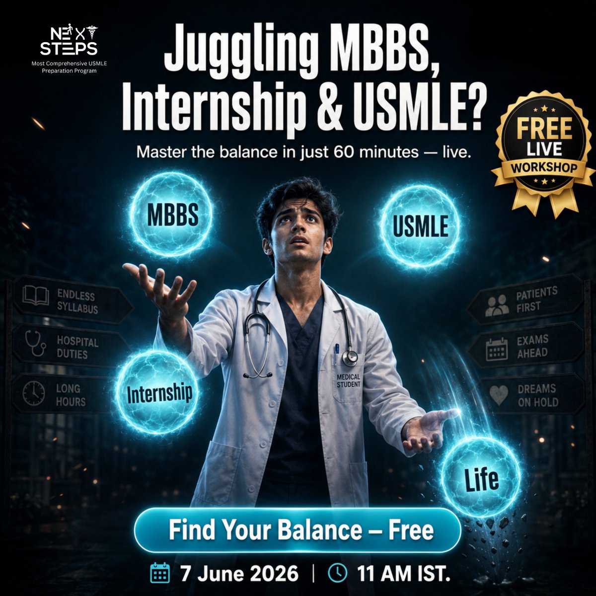 NextStepsUSMLE's tweet photo. 5 things every USMLE aspirant secretly worries about
We're answering all of it — LIVE.
🗓️7 Jun | 🕚 11 AM IST 🔴 FREE Session
Register 👉 https://t.co/f4SjbMW6yb

#USMLE #MedTwitter #FreeWorkshop #NextSteps #NextStepsUSMLE https://t.co/rsevstd4gg