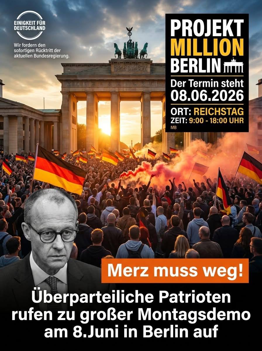 rebew_lexa's tweet photo. #MerzMussWeg! 🇩🇪
Am 8. Juni 2026 versammeln sich überparteiliche Patrioten vor dem Reichstag zur #Montagsdemo.
Wir haben genug von Energiekrise, Masseneinwanderung, Steuerwahnsinn und Unterwerfung!
Sei dabei. Deutschland braucht eine echte Wende.
#ProjektMillionBerlin #8Juni https://t.co/S4NdCl4mA8