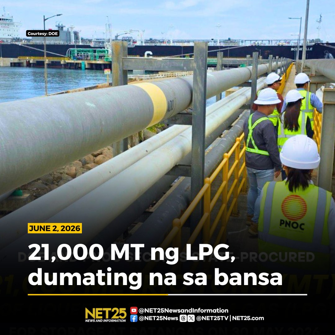 NET25TV's tweet photo. Nasa bansa na ang 21,000 metrikong tonelada ng liquefied petroleum gas (LPG) mula sa Texas, U.S.A.

Ayon sa Department of Energy (DOE), bahagi ang shipment ng Emergency Energy Security Program na layong palakasin ang reserba ng bansa sakaling magkaroon ng energy emergency.

Dahil dito, umabot na sa 42 araw ang national LPG inventory ng Pilipinas, mas mataas sa itinakdang minimum reserve requirement.

Sa kabila nito, nananatiling mataas ang presyo ng LPG dahil sa pabago-bagong kalagayan ng pandaigdigang merkado.

📷: DOE

#NET25NewsandInformation #DepartmentofEnergy #DOE #langis #energyemergency #LPG #nationalreserve