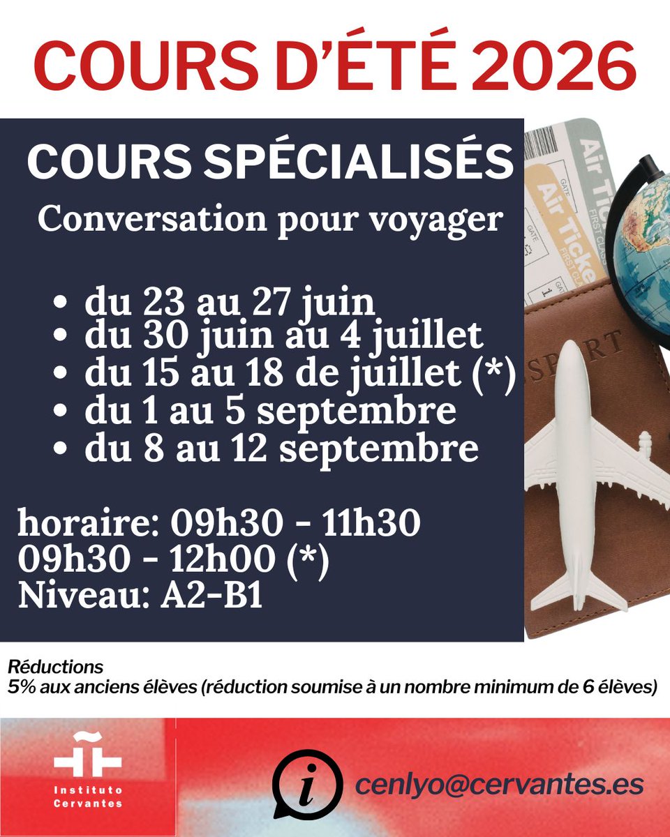 ICLyon's tweet photo. COURS D’ÉTÉ 2026 | CURSOS DE VERANO 2026 📷
Apprenez l’espagnol cet été tous les âges et niveaux !
Cours généraux
• 30 heures — 305 €
Cours spéciaux : Vitamines, Adolescents et Enfants
• 15 heures — 172,5 €
• 12 heures — 144 €
• 10 heures — 125 €
📩cenlyo@cervantes.es https://t.co/Gy6BAYmIRt