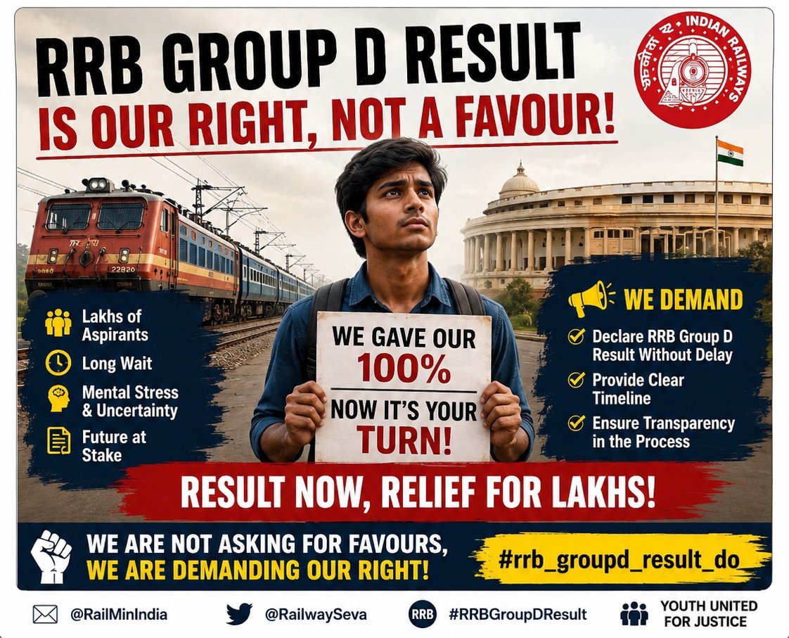 DecentralVoice's tweet photo. India's youth are being pushed to the edge! Lakhs of candidates who cleared RRB Group D (CEN 08/2024) exam are still waiting for result for many months. Government immediately release the RRB Group D results and stop this injustice with unemployed youth!
#rrb_groupd_result_do https://t.co/PML8m1WLHo
