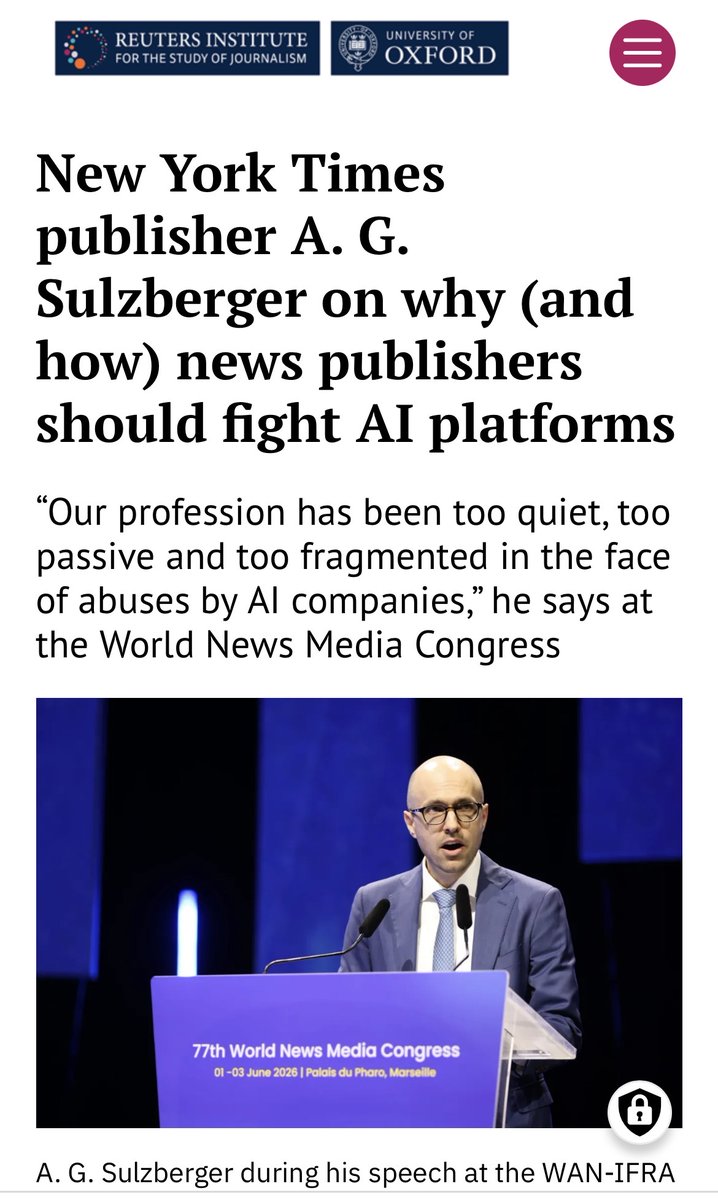 Pawel's tweet photo. Ważne słowa wydawcy @nytimes które padły wczoraj na kongresie @NewspaperWorld Nasz zawód był zbyt cichy, zbyt bierny i zbyt rozbity wobec nadużyć ze strony firm prowadzących rewolucję AI
@WitoldGlowacki @Borty @Artur_Roguski @LeszBuk @vxel @LukaszBok 
https://t.co/m5B9lbjM2a https://t.co/Lgm6ZzKBH4