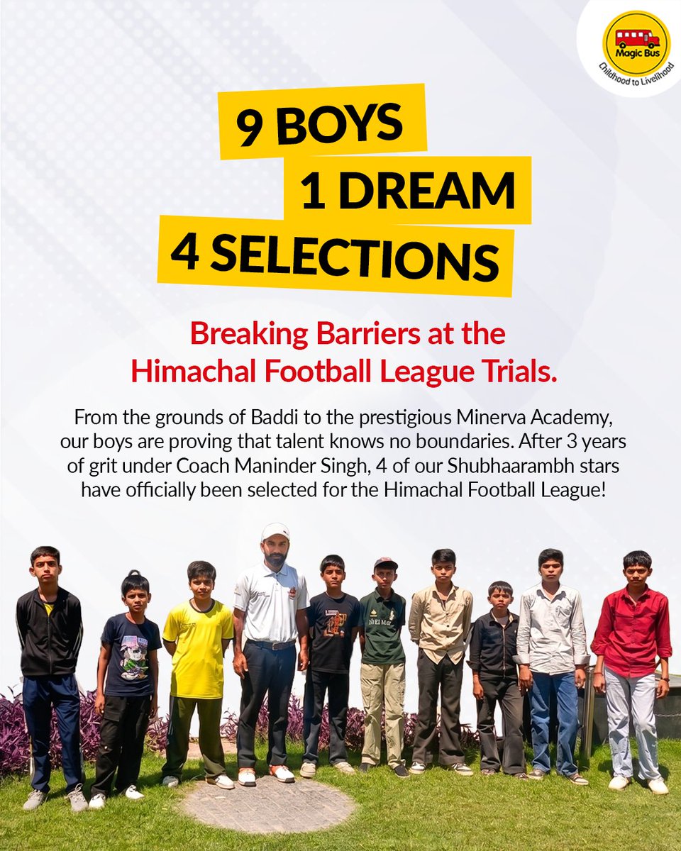 MagicBusIndia's tweet photo. The Himachal Football League trials just got a taste of Baddi’s finest! Out of 9 players from our Shubh Aarambh program who participated, 4 have officially secured their spot in the league.

From local community grounds to one of India’s top academies, these boys are rewriting the narrative for migrant youth in sports.

Huge congratulations to our players and Coach Maninder Singh for 3 years of unwavering dedication. The hustle continues!

#GoalGetters #BaddiFootball #RisingStars #ShubhAarambhImpact #MinervaAcademy #MagicBusIndiaFoundation