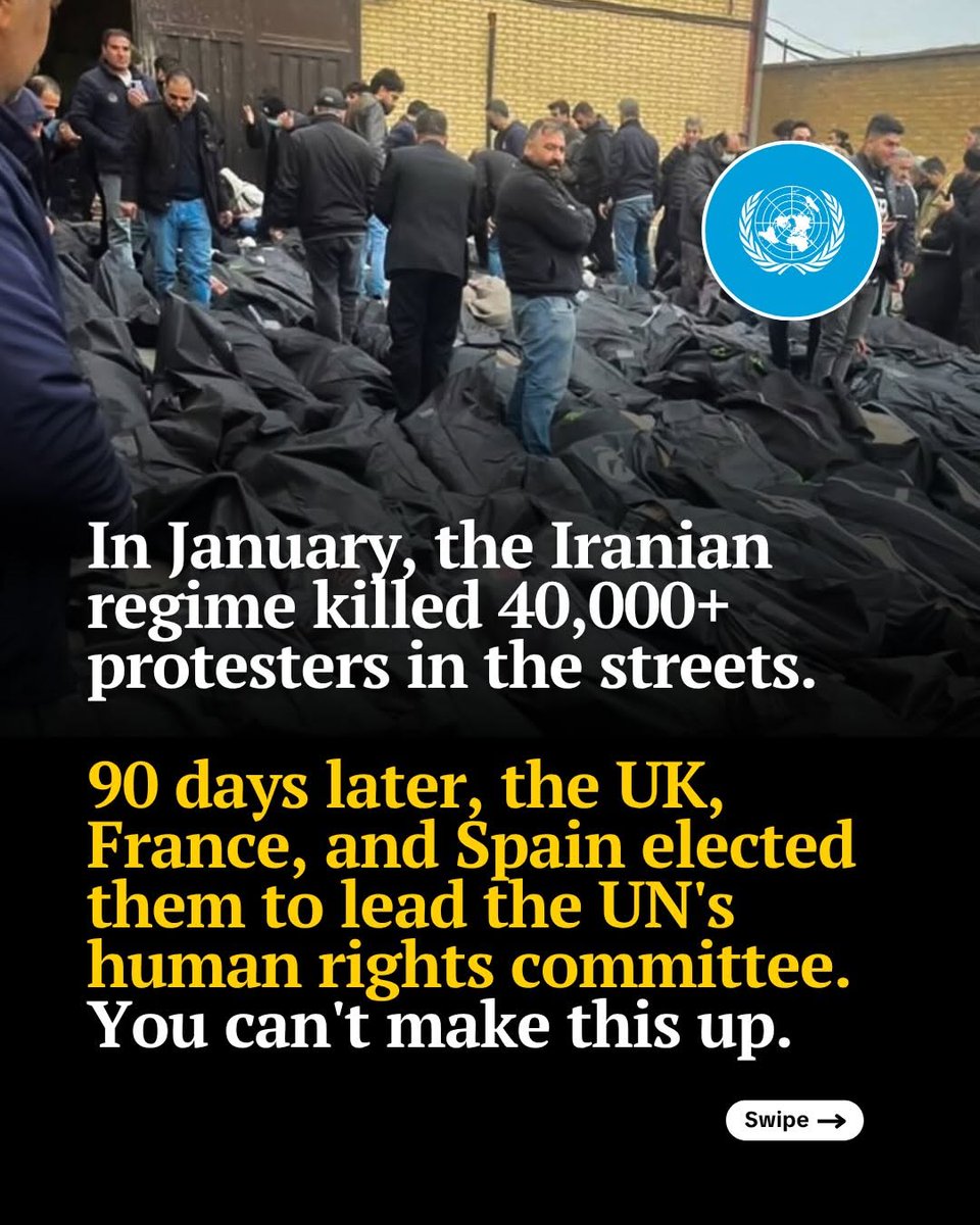 basicoptimielcq's tweet photo. If you still had any faith in the UN after this, I'm not sure what to tell you.

In January, the Iranian regime killed thousands of protesters in the streets. The exact number is unknown, Iran shut down the internet to make sure it would stay that wa... https://t.co/Vidn7zL0H1