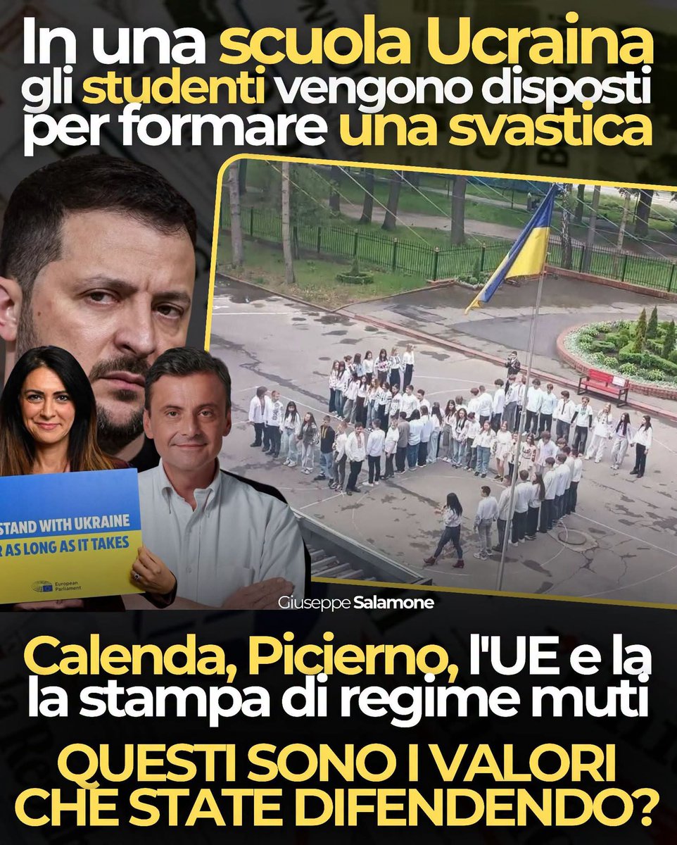 itsmeback_'s tweet photo. Hanno preso per il culo la #Russia quando diceva che in #Ucraina combatteva anche contro il nuovo nazismo.

Hanno raccontato a reti unificate che fosse soltanto propaganda per giustificare la guerra in Ucraina.

Ora, a fronte delle tante dimostrazioni che abbiamo visto, dal battaglione Azov fino all'adulazione di Bandera, arrivando a queste immagini, la domanda che mi faccio e che faccio, in totale libertà, è la seguente: non è che un fondo di verità in questo c'è?

In un Paese serio il dibattito su questo tema dovrebbe essere una cosa normalissima. Invece non è possibile parlarne o fare qualche semplice domanda perché si viene immediatamente catalogati alla voce "propagandisti del Cremlino".

Questa foto arriva da una scuola ucraina, un istituto tecnico professionale nella città di Vinnytsia. A me questa immagine mette i brividi.

E allora la domanda che bisogna fare a chi continua a dirci che l'Ucraina combatte per i valori, la democrazia e la libertà è la seguente: sono questi i valori per cui combatte? Sono questi i valori per cui bisogna mandare armi e soldi a Zelensky e soci?

Fateci sapere, se avete tempo. MERDE!

- Giuseppe Salamone
