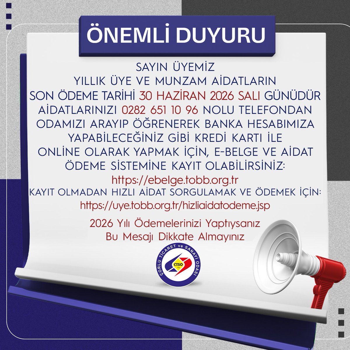 CorluTSO's tweet photo. 2026 Yılı Oda Aidatları 1. Taksit Ödemeleri Hk.
https://t.co/RJsl55cdbZ https://t.co/KS2wBvzqn9