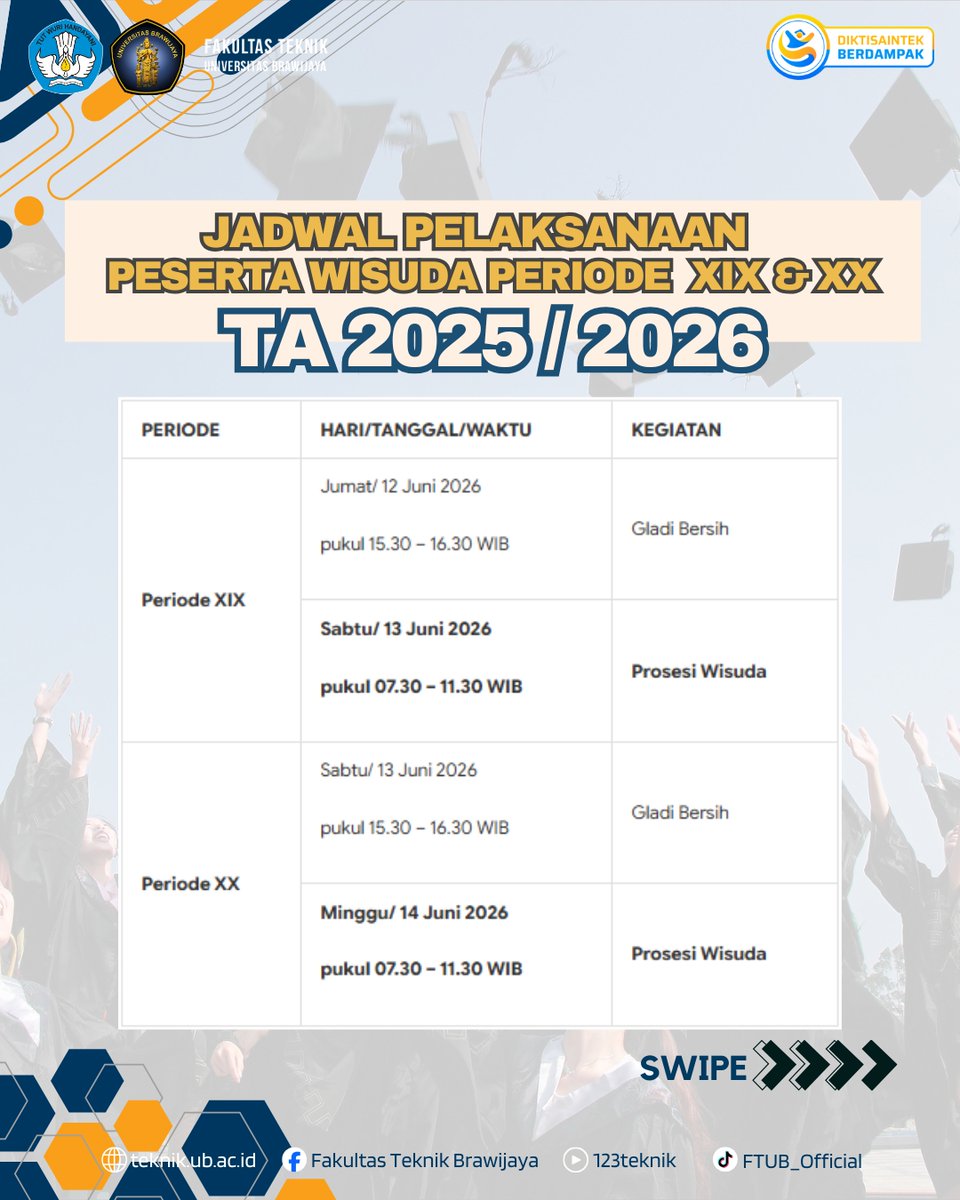 FTUB_INFO's tweet photo. Salam hebat &amp; sukses #KBFT
Selamat bagi para calon Wisudawan Periode 19 &amp; 20 TA 2025/2026.

Informasi lengkap &amp; daftar wisudawan sudah dapat dilihat di menu pengumuman website https://t.co/b2rbebuIgA yaa.. 
Salam hebat &amp; tangguh!!! 🔥
Together We Do The Best!!!

#FTUB #FTUB2026 https://t.co/movLoaSe29