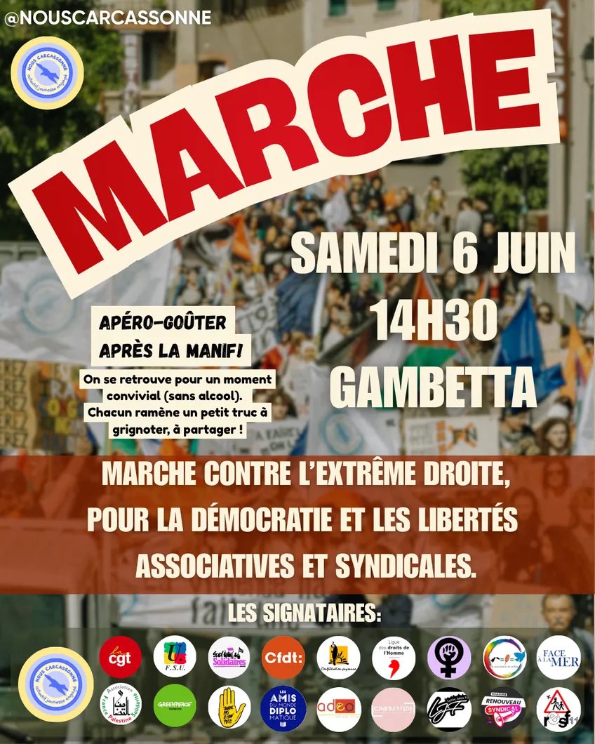 aurelienb93's tweet photo. Le maire RN de Carcassonne voulait mettre dehors les syndicats au 1er juin? Ils sont toujours là ! La résistance continue. Soyons en nombre à la manifestation du 6 juin. Attaquer les syndicats c’est attaquer toutes et tous les travailleurs et travailleuses. https://t.co/vjnpKHHDEk
