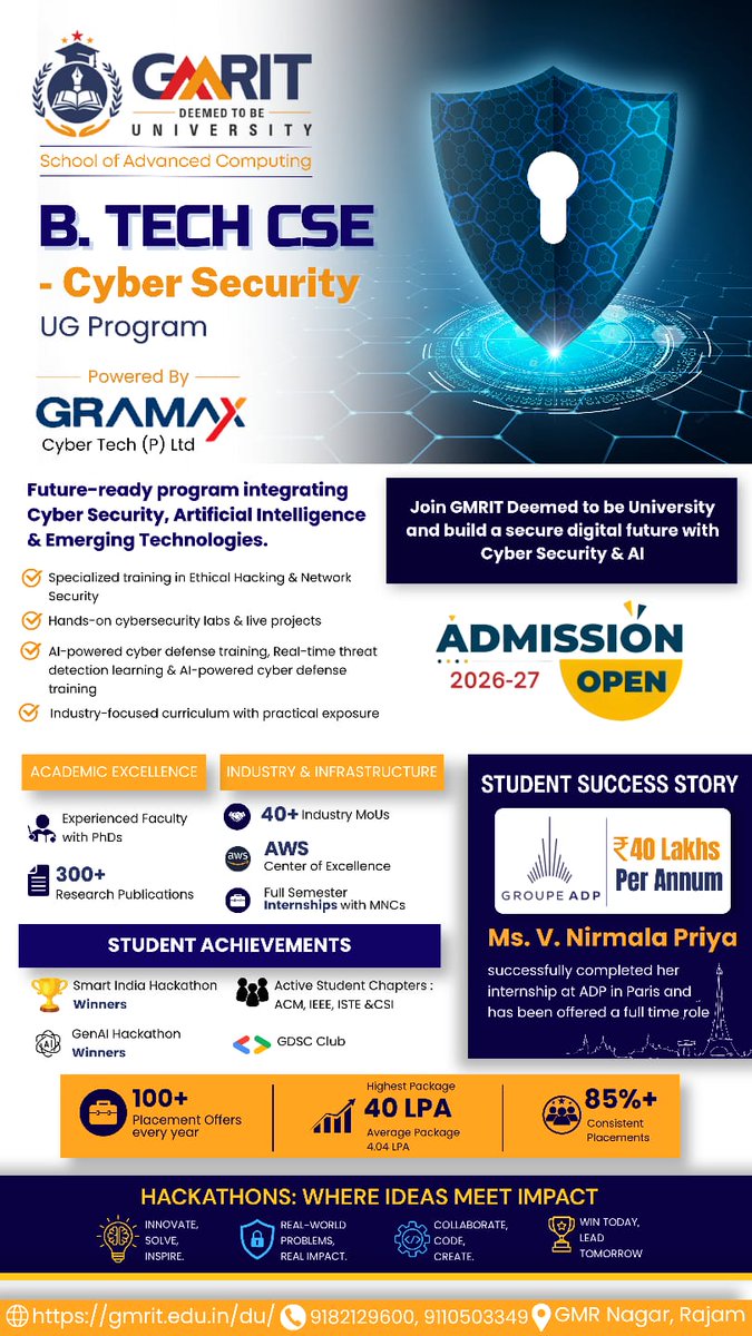 gmritdu's tweet photo. Admissions Open for
https://t.co/jOUTeEHbTm CSE – Cyber Security
Powered by GRAMAX Cyber Tech (P) Ltd
at GMRIT Deemed to be University

🌐 Apply Now:
https://t.co/gPv7X3vVko 

#GMRIT #GMRITDU #gmritdeemedtobeuniversity #CyberSecurity #BTechAdmissions https://t.co/BC8pnE7dzW