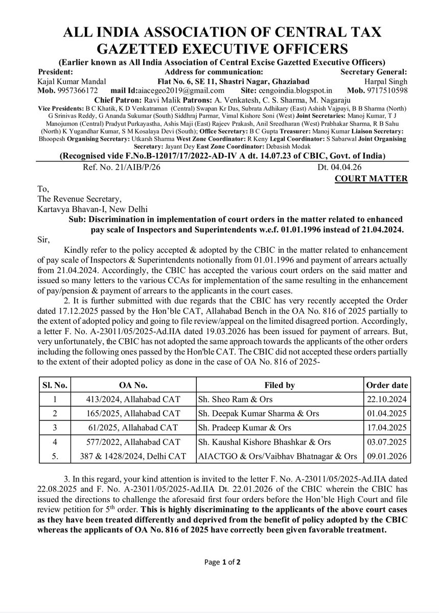 aiactgeo's tweet photo. @FinMinIndia  Judicial pronouncements/benefit granted by the Courts are equally applicable to all the employees standing on same horizon. But, @cbic_india adopting dual policy for extending benefits to the Gr-B officers, resulting discrimination among officers. No action by CBIC. https://t.co/eQKrTpTmQF