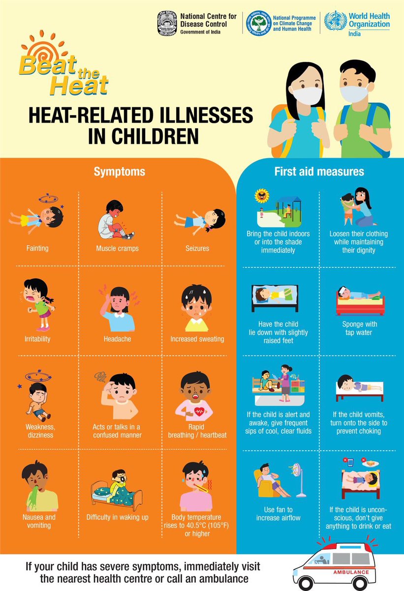 MoHFW_INDIA's tweet photo. Don't ignore these signs and symptoms of heat illnesses in Children! 
Provide first-aid 
Seek immediate medical care if symptoms worsen 

#BeatTheHeat https://t.co/u8wbpDSYES