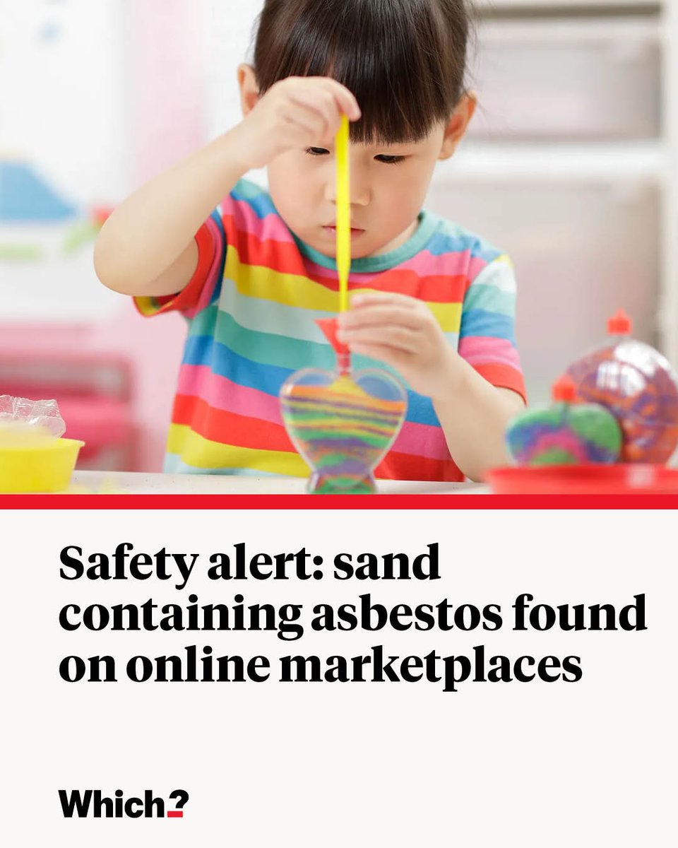 WhichUK's tweet photo. Two children’s sand kits have been withdrawn from sale after Which? tests revealed they contained hazardous tremolite asbestos. 

The Government needs to hold platforms accountable for dangerous products. Every day without action puts consumers at risk.

https://t.co/DhvFd1Rbf2 https://t.co/Cx9vCRfxCt
