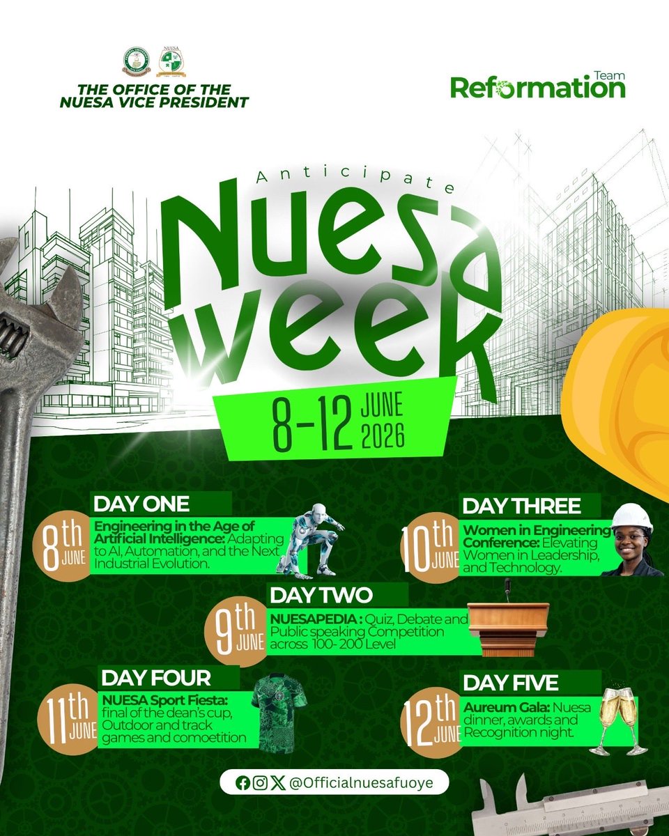 nuesafuoye1's tweet photo. 🚀 ANTICIPATE NUESA WEEK 2026! 💚⚙️
📅 June 8–12, 2026
🤖 Engineering in the Age of Artificial Intelligence
Conference • NUESAPEDIA • WIE Conference • Sports Fiesta • Aureum Gala
Learn. Compete. Connect. Celebrate.
#NUESAWeek2026 #NUESAFUOYE #EngineeringTheFuture https://t.co/SBgRH3Xh2j