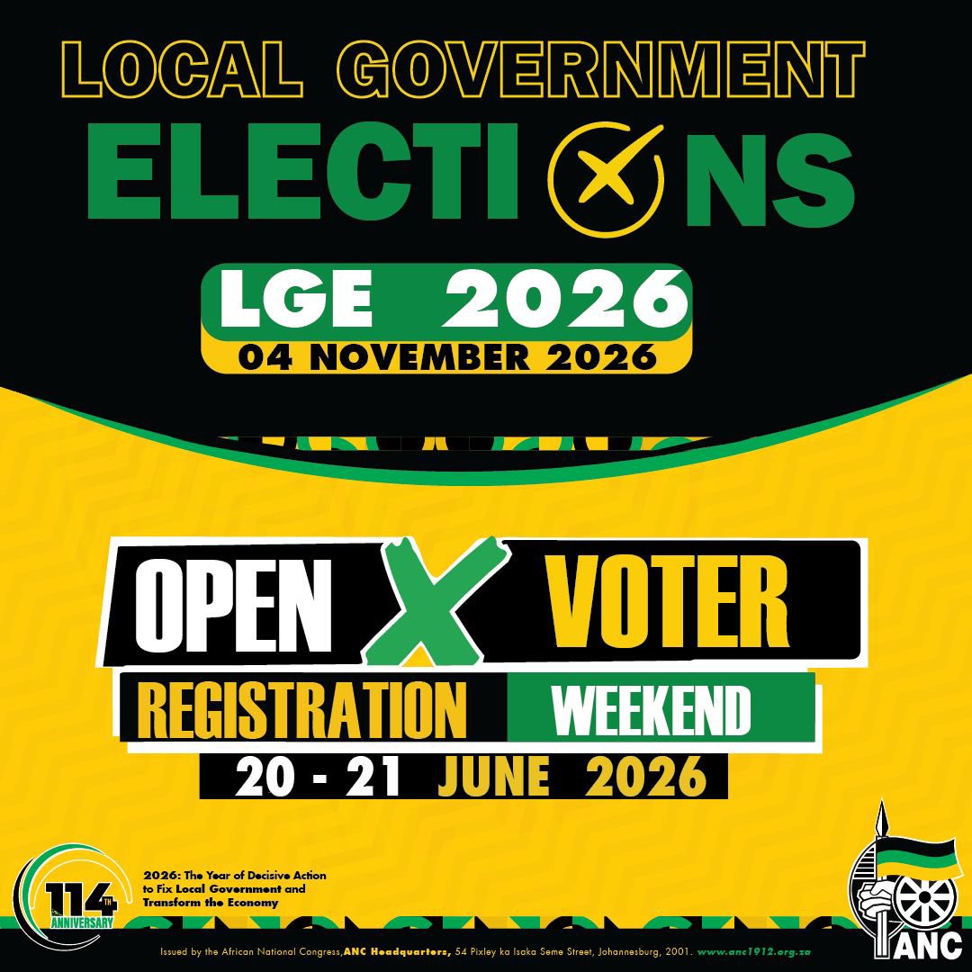 MYANC's tweet photo. The ANC calls on all South Africans to register to vote during the Open Voter Registration Weekend on 20–21 June 2026.

Your vote is your voice in building accountable, responsive and people-centred local government that works for communities. Together, let us advance the ANC’s Year of Decisive Action to fix local government and transform our economy.

#RegisterToVoteANC 
#LGE2026