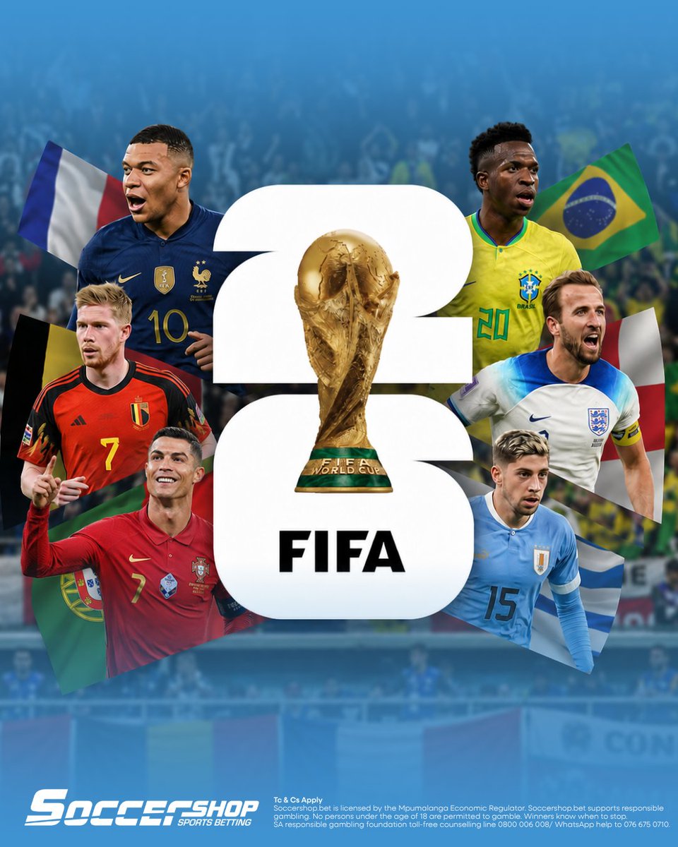 SoccerShopSA's tweet photo. 10 DAYS TO GO! 🏆🌍

The biggest tournament in football kicks off June 11th as hosts 🇲🇽 Mexico take on 🇿🇦 South Africa at the iconic Estadio Azteca in Mexico City.

Bet on ALL the action:
✅ Match Winner
✅ Correct Score
✅ First Goalscorer
✅ Over/Under Goals
✅ Both Teams To Score
✅ Handicap Markets
✅ Tournament Winner
✅ Live Betting

104 matches. 48 nations. One trophy. ⚽
https://t.co/9a72WPHno6

Bet Responsibly | Ts & Cs Apply | 18+ Only