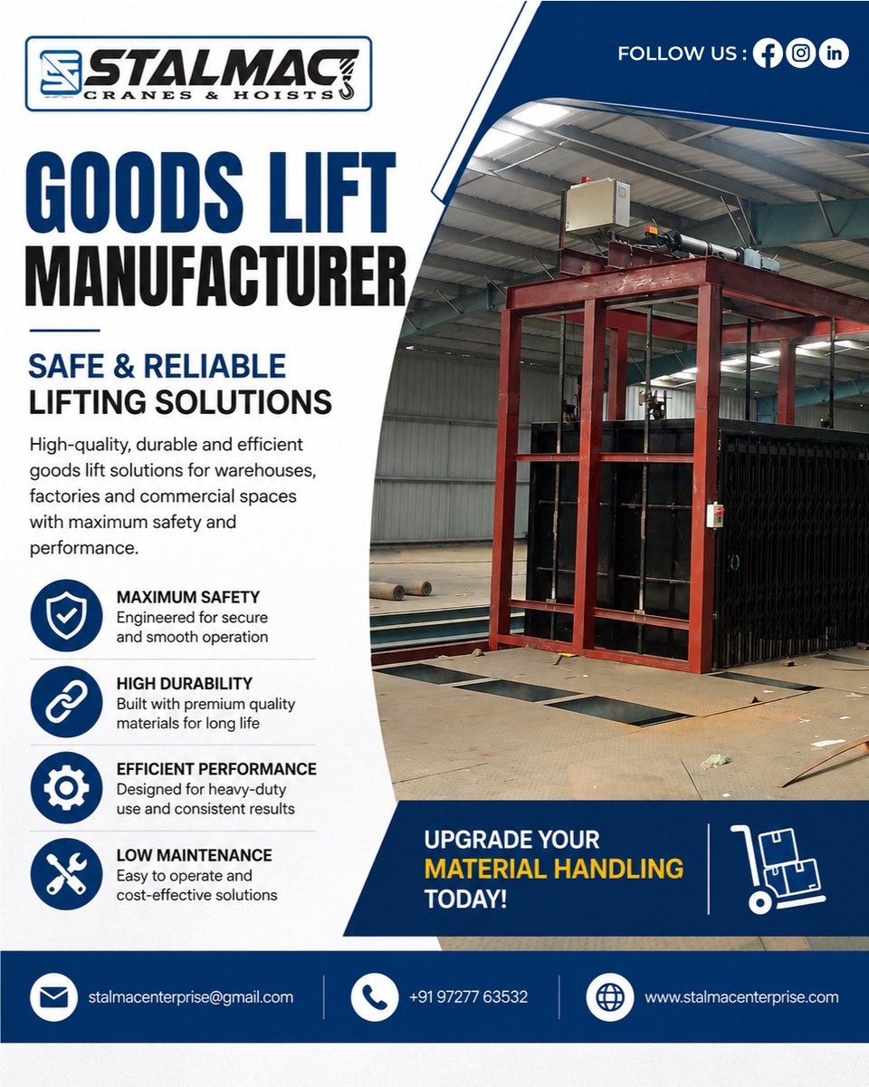 StalmacE's tweet photo. Upgrade Your Material Handling with Premium Goods Lifts!

✅ Safe &amp; Secure Operation
✅ Heavy-Duty Performance

📞 +91 97277 63532
🌐 https://t.co/RDNSPXDqaO

#GoodsLift #MaterialHandling #IndustrialLift #WarehouseSolutions #StalmacEnterprise https://t.co/CpvNKD0xKu